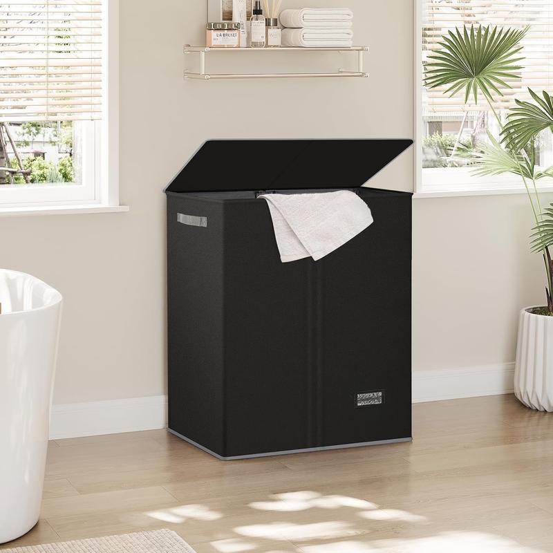 Double Laundry Hamper with Lid and Removable Laundry Bags - Large Dirty Clothes Hamper 2 Section - Collapsible Laundry Baskets for Bedroom, Bathroom, Laundry room, Apartment, Black