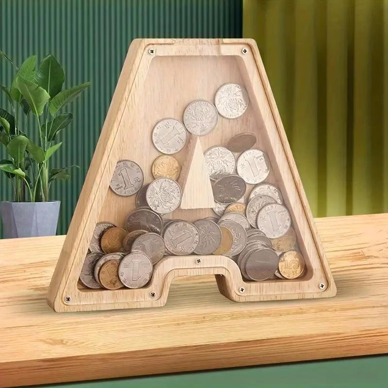 Wooden Letter Shaped Piggy Bank, Transparent Coin Storage Box, Coin Organizer for Home Office, Room Decor