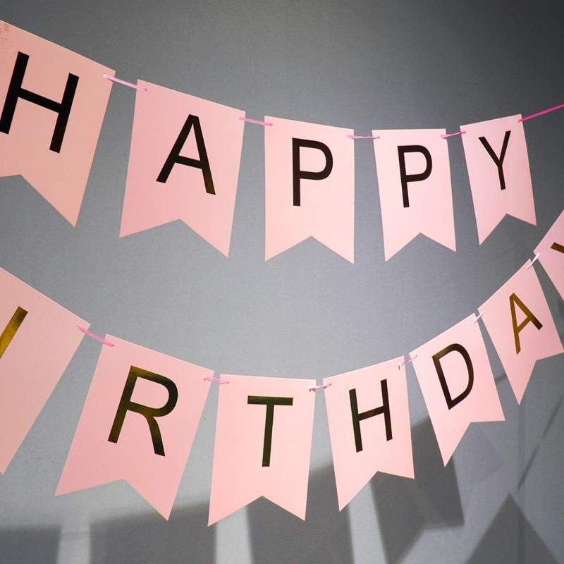 Pink Happy Birthday Banner with Shimmering Gold Letters, Happy Birthday Bunting Banner for Party Decorations for Girls Birthday