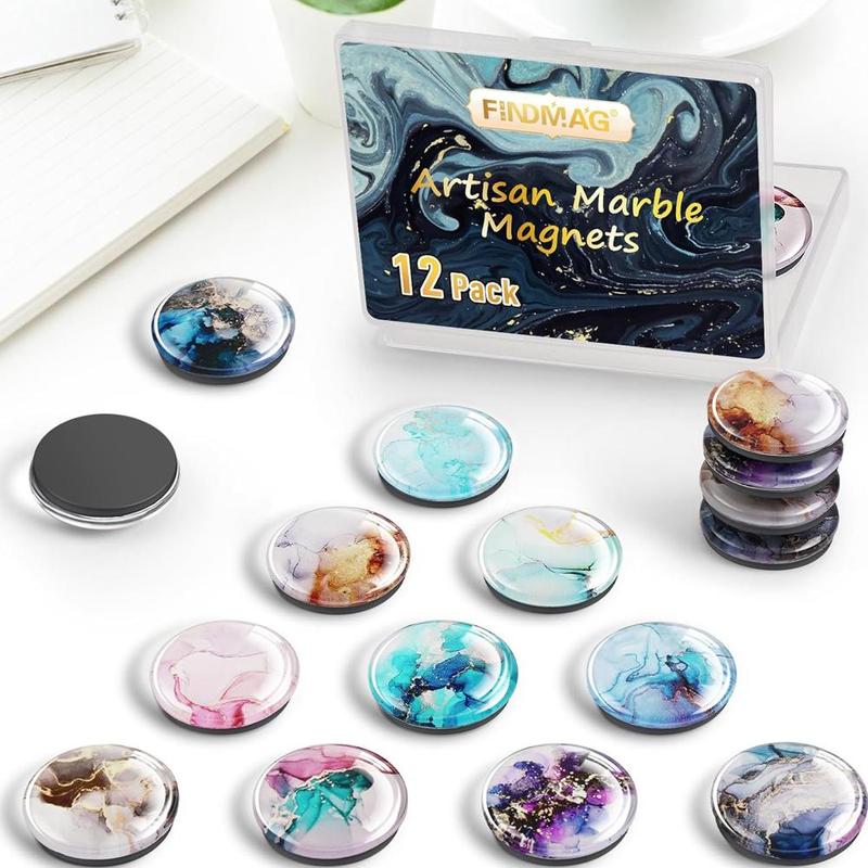 Marble Pattern Round Gemstone Glass Magnet, 12pcs set Creative Mixed Color Fridge Magnet, Fridge Magnet Sticker for Home Decor