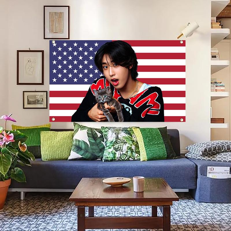 SKZ Han with a Kitten American Flag 3x5ft K-Pop Tapestry, K-Pop Merchandise, Fan Gifts, Wall Hanging, Room Decor, Wall Hanging, Fan Art