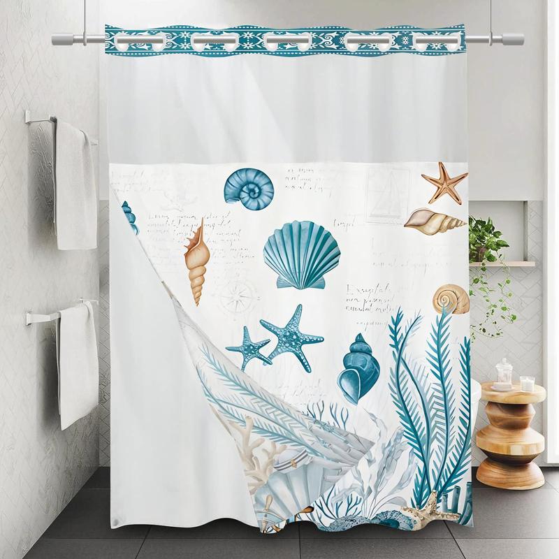 Blue Sea Life Pattern Shower Curtain, 1 Count 2 Layers Waterproof Bathroom Curtain, Bathroom Decor Supplies for Home Hotel Salon Dormitory Decoration, Home Goods