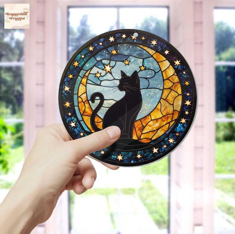 Cat On Moon Acrylic Window Hanging, Black Cat Decoration Ornament, Cat Lovers Gift, Home Decor, Cat Mom Gift, Halloween Black Cat Gift