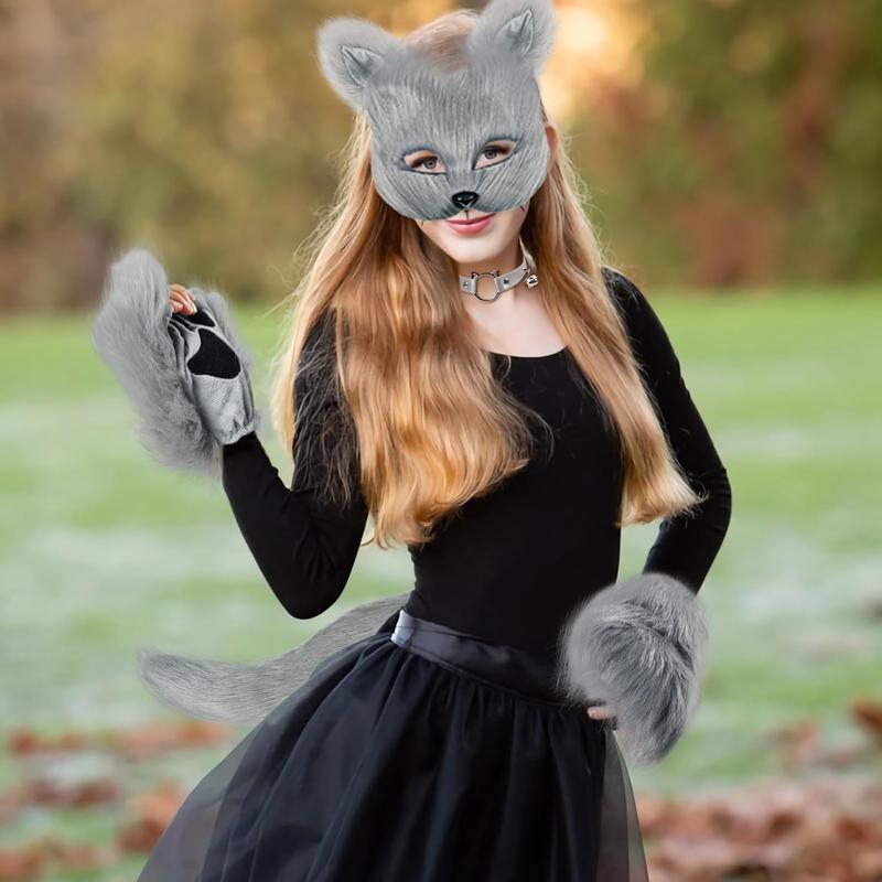 Mask and Tail Kit Faux Furrfy Fox Mask Cat Paws Gloves and Ears for Kid & Adult Cosplay Party