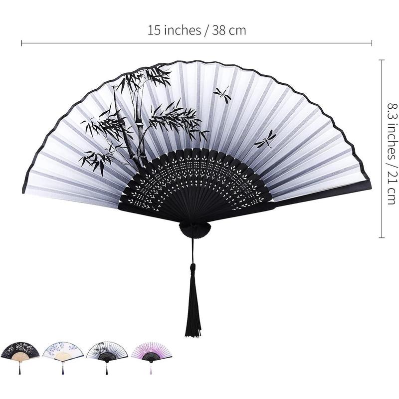 4 counts Folding Fans Bamboo Handheld Fans Silk Fabric Fans Hand Holding Fans For Party, Wedding, Gifts, Wall Decoration Light Props