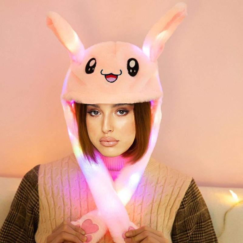 Cute Rabbit Design Plush Hat, 1 Count LED Glowing Plush Rabbit Hat, Funny Glowing and Ear Moving Bunny Hat Cap for Women Girls, Party Hat, Cosplay Props