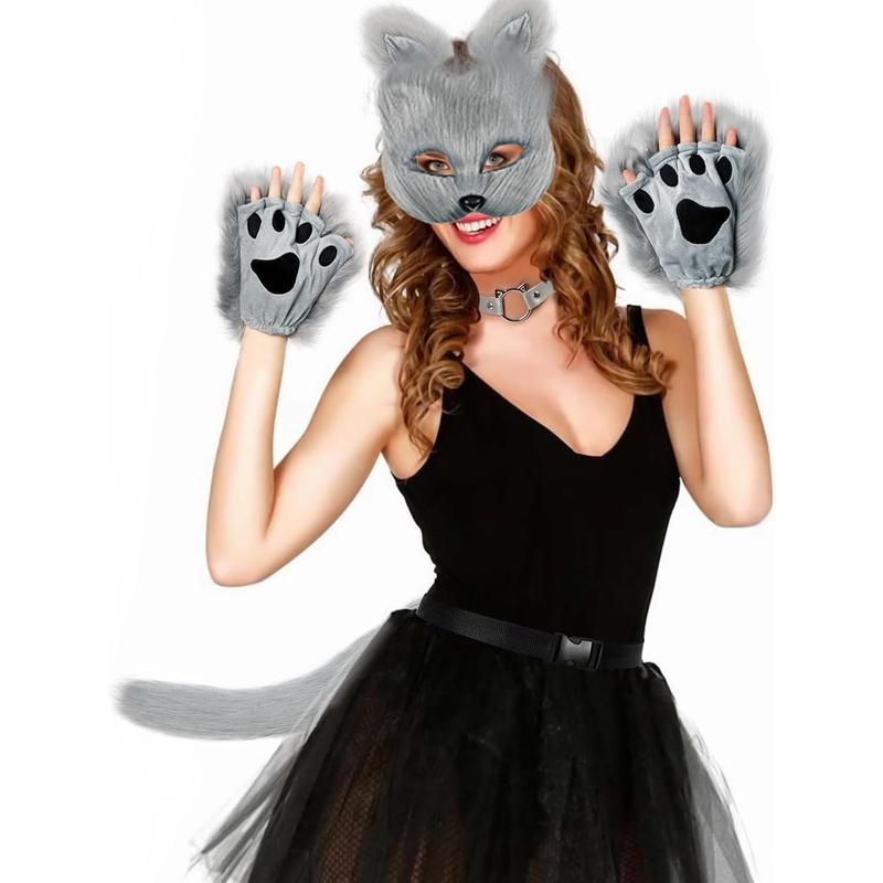 Mask and Tail Kit Faux Furrfy Fox Mask Cat Paws Gloves and Ears for Kid & Adult Cosplay Party