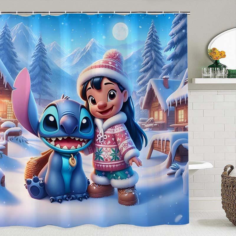 Lilo & Stitch Pattern Shower Curtain, 1 Count Waterproof Bathroom Curtain with Hooks, Bathroom Decor Supplies for Home Hotel Salon Dormitory