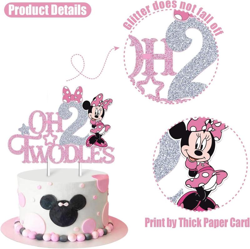 Mouse Oh Twodles Cake Topper for Girls, Pink Glitter Mouse Second 2nd Birthday Cake Topper with Pink Bows for Girls Birthday Party Decorations Supplies(Double-sided), &pink (&pink)