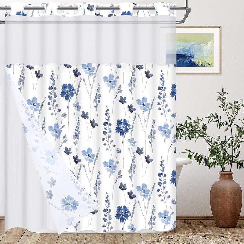 Alishomtll No Hook Shower Curtain with Snap in Liner, Blue Watercolor Floral Shower Curtain with Liner, Hotel Style Shower Curtain with See Through Top Window, Double Layer, Waterproof