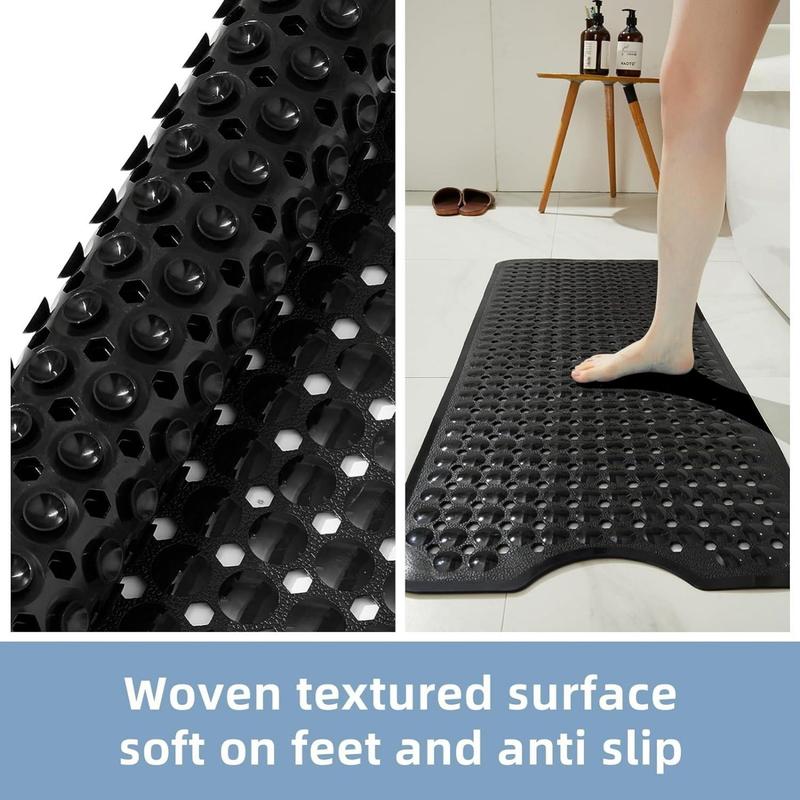 Bathtub and Shower Mats, Long Non Slip Bath Mat, Bath Tub Mat with Suction Cups & Drain Holes for Bathroom, Machine Washable Bathroom Mats, Opaque Black