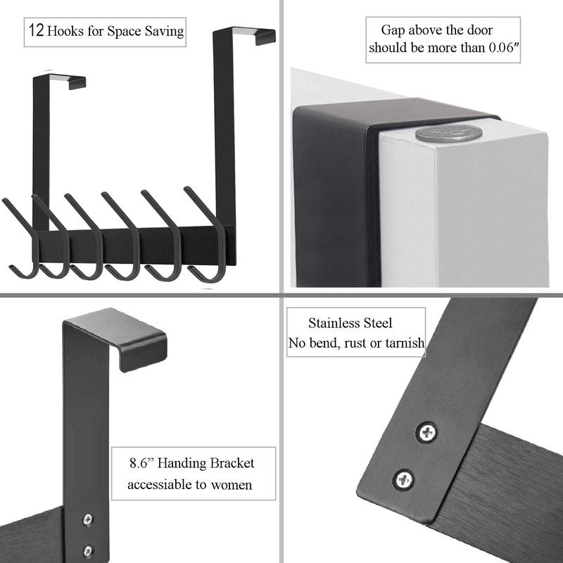 Over The Door Hook, Stainless Steel Heavy Duty Over Door Hanger Holder for Coat Robe Hat Clothe Towels Hanging, Bathroom Organizer Towel Rack 12 Hooks, Matte Black