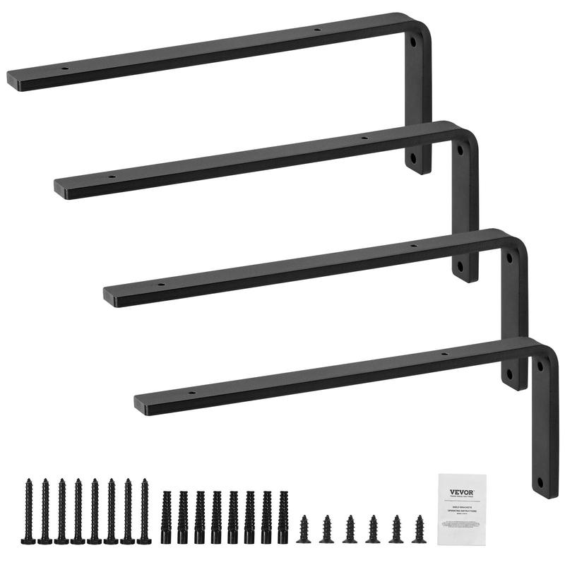 VEVOR Shelf Bracket, 16 x 6 in 4 Pcs, Heavy Duty Floating Shelf Brackets, Brackets for Shelves, 10mm Thick Matte Black L Shelf Bracket,Steel Shelving Brackets with 160 lbs Load Capacity Decor Hand