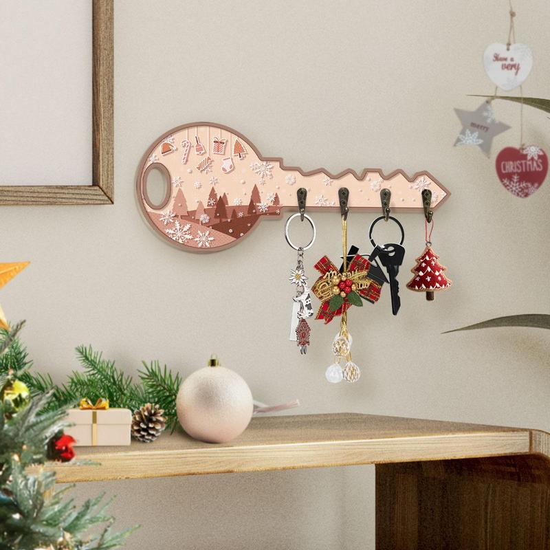 Wooden Key Hanging Board, 1 Count Snowflakes Christmas Tree Pattern Wall Key Chain Decoration, Wall Key Hook for Entrance Corridor Front Door