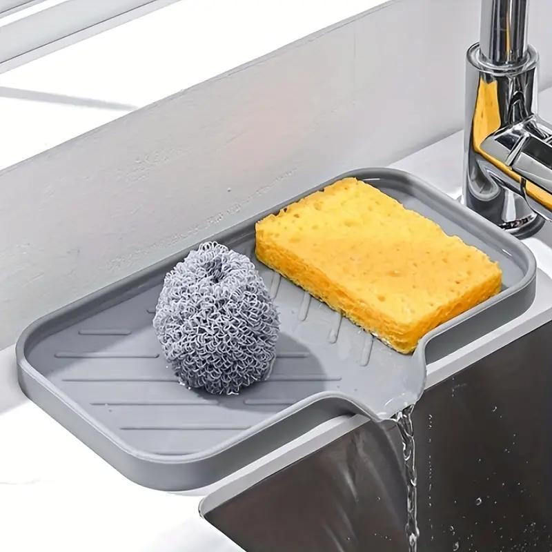 Silicone Kitchen Sink Tray, 1 Count 2 Counts Soap Dish Holder with Drain Tip, Countertop Sink Scrubber Drain Pad for Brush, Sponge, and Soap