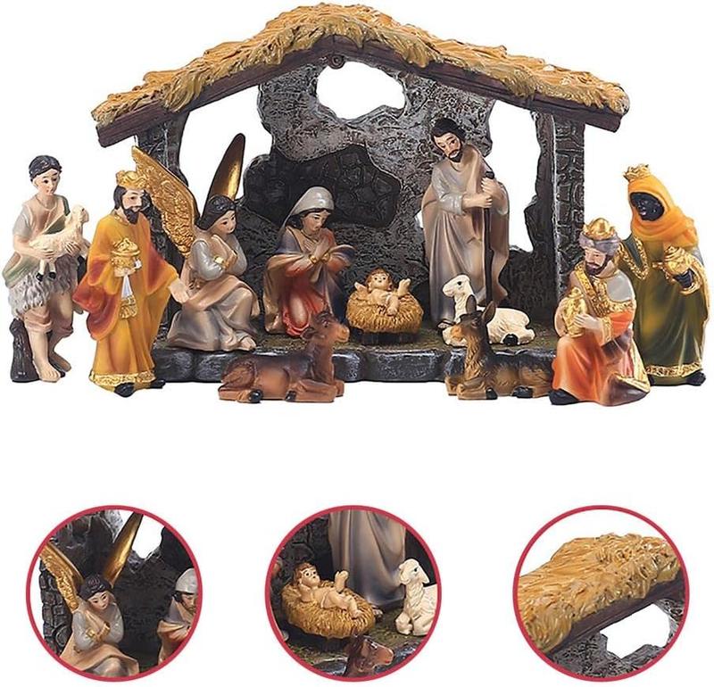 MOOCOCO Christmas Nativity Figurine Set Jesus Manger Scene,Hand Resin Craft Statue,Baby Jesus Holy Family Statue,12 Pc