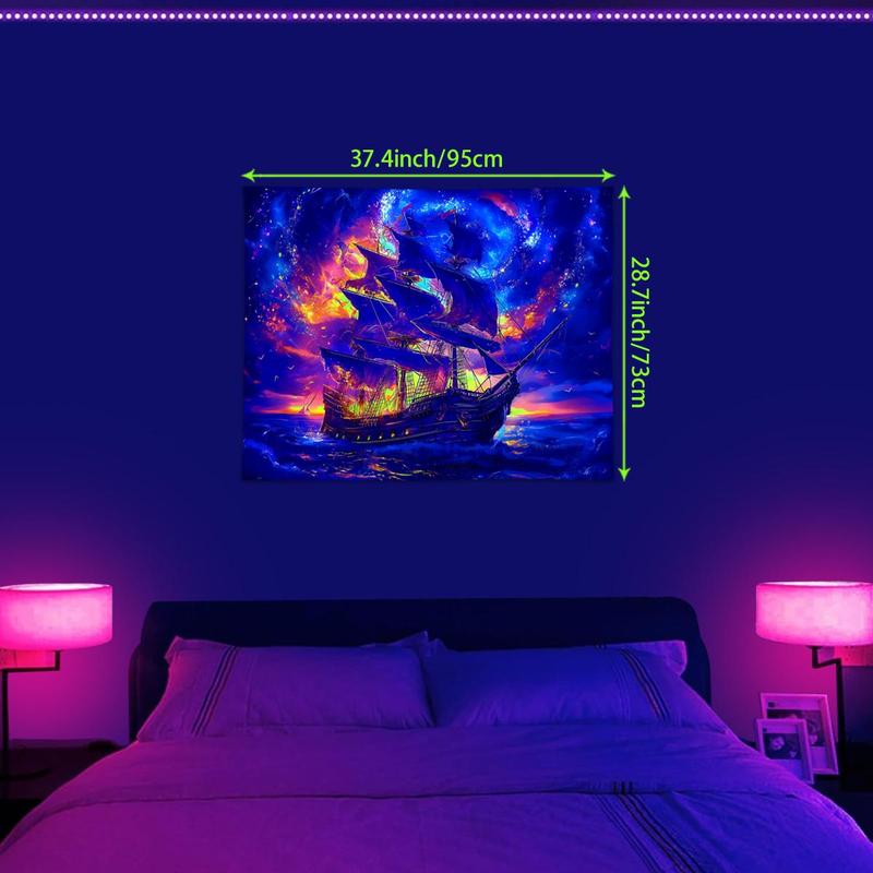 Retro Ship Pattern Tapestry, 1 Count UV Reactive Fluorescent Tapestry, Starry Sky & Cloud Sailing Decoration Wall Art for Home Living Room Bedroom