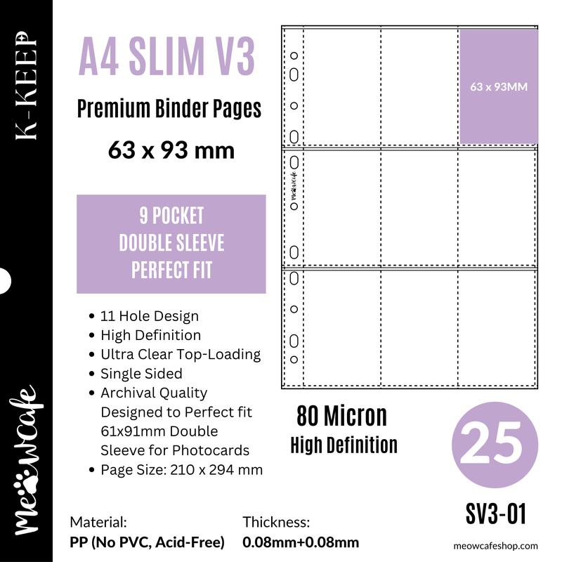 K-KEEP [A4 SLIM V3] -  9 Pocket (63x93mm) For Perfect Fit (61x91 mm) Sleeve  - 11 Holes Premium Binder Pages, 80 Micron Thick, High Definition (Pack of 25) - (SV3-01)