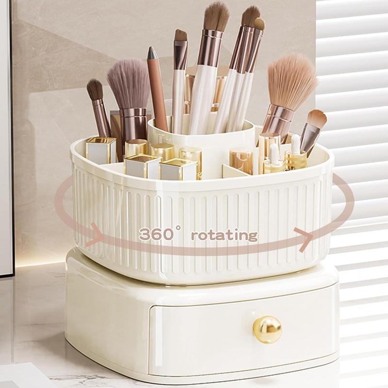 360° Rotating Makeup Brush Holder Organizer with Drawer, Cosmetic Makeup Organizers , Makeup organization and Skincare Storage for Vanity, Desktop, Bathroom (Ivory) Boxes