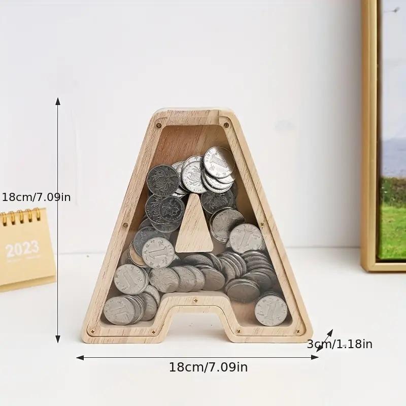 Wooden Letter Shaped Piggy Bank, Transparent Coin Storage Box, Coin Organizer for Home Office, Room Decor