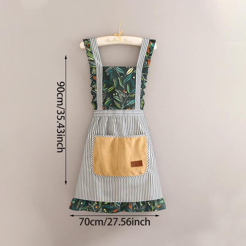 Striped & Plants Pattern Apron with Pocket 1Pc, Fashionable Anti-oil Stain Apron, Kitchen Workwear for Women & Girls, Home Care Supplies