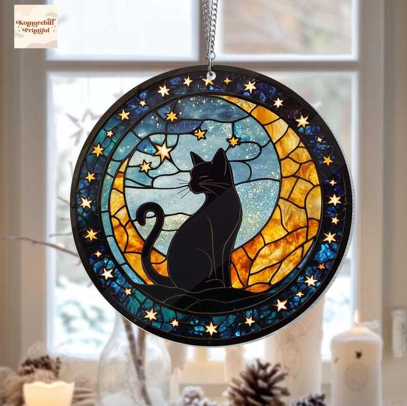 Cat On Moon Acrylic Window Hanging, Black Cat Decoration Ornament, Cat Lovers Gift, Home Decor, Cat Mom Gift, Halloween Black Cat Gift