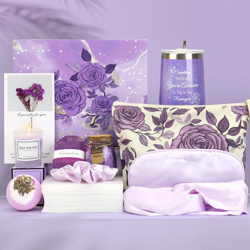 10pcs  Giftbox Set  for Women, Mom, Wife, Girlfriend, Sister, Her - Happy Birthday, Christmas, Lavender Gift Basket for Women, Valentine's Day, Mothers Day Gifts-Purple Rose Spa  Luxury  Gift Basket Set