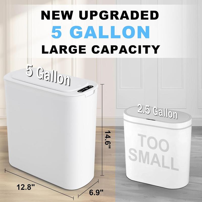 5 Gallon Automatic Bathroom Trash Can, Touchless Motion Sensor Garbage Can with Lid, Smart Plastic Slim Wastebasket for Bathroom, Office, rv, Bedroom, Living Room, White