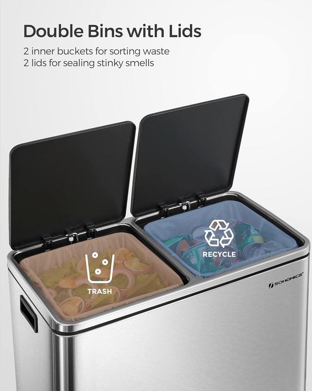 SONGMICS HOME Stainless Steel Trash Can Garage Can Multi-Compartment Plastic Inner Buckets and Hinged Lids Soft Closure Kitchen Trash Bin cool trashcan