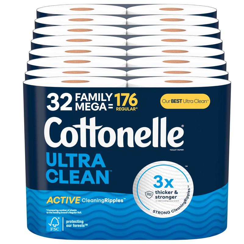 Cottonelle Ultra Clean Toilet Paper with Active CleaningRipples Texture, 32 Family Mega Rolls (32 Family Mega Rolls = 176 Regular Rolls) (8 Packs of 4), 353 Sheets Per Roll, Packaging May Vary