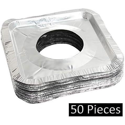 50 Pack Aluminum Foil Square Stove Burner Covers Disposable Heavy Thick Bib Liners Drip Pans Gas Range Top Protectors 8.5”