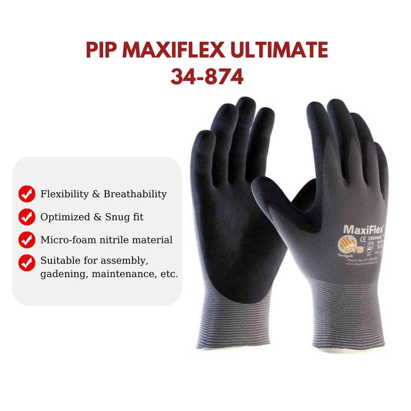 MaxiFlex Ultimate Glove PIP 34-874 M L XL | 34874 Foam Nitrile Palm Coated Gloves | 12 pack | Industrial Task| Cleaning Gloves | Gardening, Heavy Duty