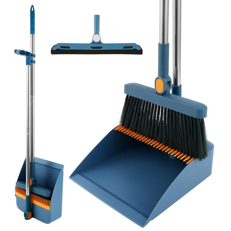 3counts Floor Sweeping Set with Long Handle 180°Rotating Floor Broom Squeegee Dustpan Set Foldable Stand Dustpan and Broom Combo with Comb Teeth Portable Squeegee Broom for Kitchen Office Home Floor