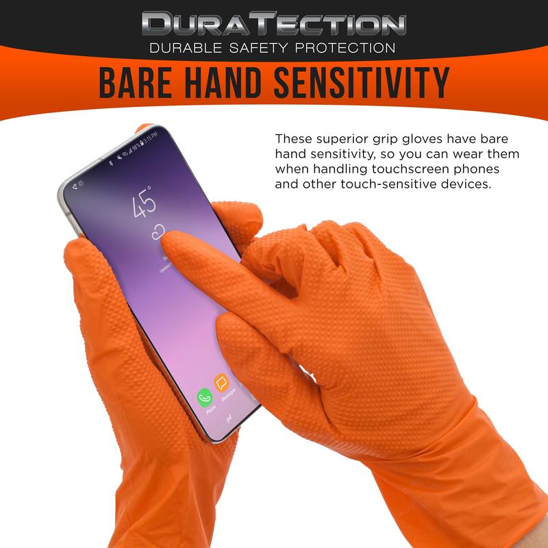 Duratection 8 Mil Orange Super Duty Diamond Textured Nitrile Disposable Gloves, Box of 100, Medium - Latex Free, Powder Free, Food Safe, Safety Protection Work Gloves Cleaning