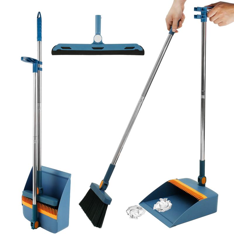 3counts Floor Sweeping Set with Long Handle 180°Rotating Floor Broom Squeegee Dustpan Set Foldable Stand Dustpan and Broom Combo with Comb Teeth Portable Squeegee Broom for Kitchen Office Home Floor