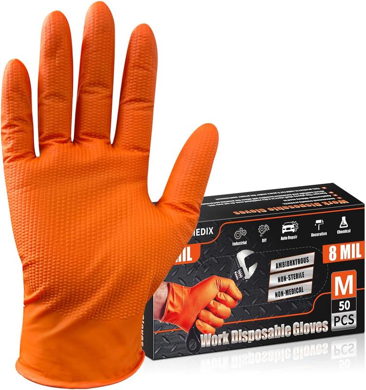 Heavy Duty Nitrile Disposable Gloves,8-mil Orange,Raised Diamond Texture Work Gloves，Industrial Work gloves Cleaning