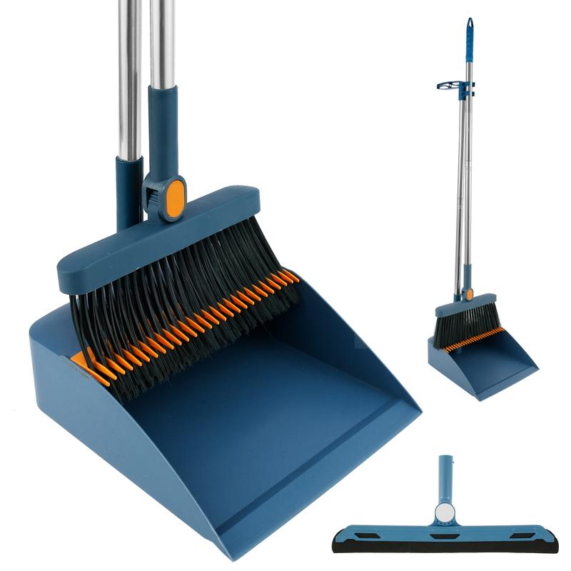 3counts Floor Sweeping Set with Long Handle 180°Rotating Floor Broom Squeegee Dustpan Set Foldable Stand Dustpan and Broom Combo with Comb Teeth Portable Squeegee Broom for Kitchen Office Home Floor