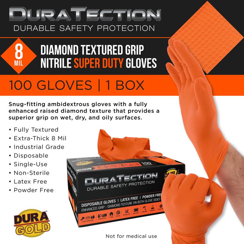 Duratection 8 Mil Orange Super Duty Diamond Textured Nitrile Disposable Gloves, Box of 100, Medium - Latex Free, Powder Free, Food Safe, Safety Protection Work Gloves Cleaning