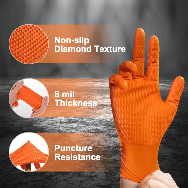 Heavy Duty Nitrile Disposable Gloves,8-mil Orange,Raised Diamond Texture Work Gloves，Industrial Work gloves Cleaning