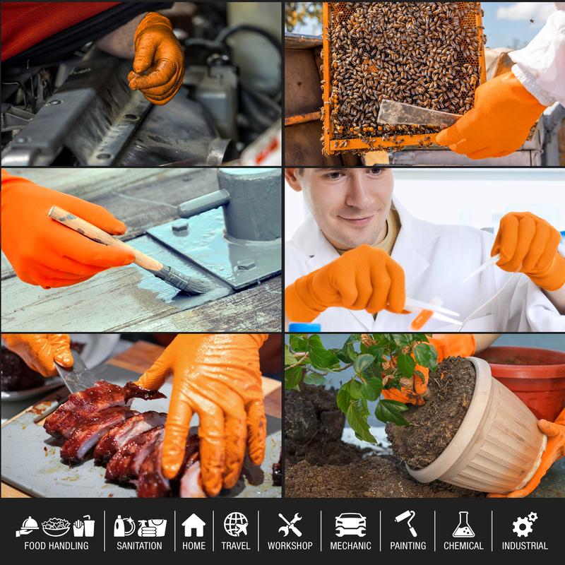 Duratection 8 Mil Orange Super Duty Diamond Textured Nitrile Disposable Gloves, Box of 100, Medium - Latex Free, Powder Free, Food Safe, Safety Protection Work Gloves Cleaning