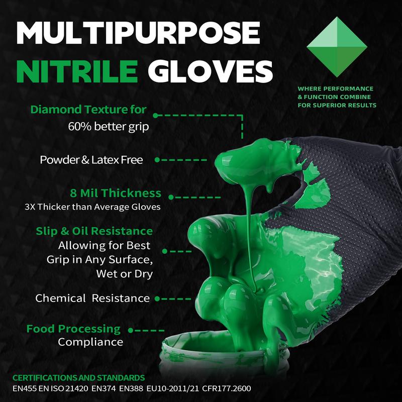 FINITEX 8 Mil Diamond Pattern Black Nitrile Gloves (Automotive Work) Cleaning Gloves - Hardware and Electricians (Multi-Purpose) Hand