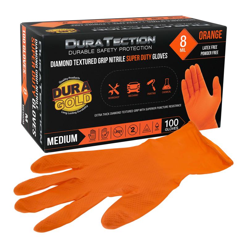 Duratection 8 Mil Orange Super Duty Diamond Textured Nitrile Disposable Gloves, Box of 100, Medium - Latex Free, Powder Free, Food Safe, Safety Protection Work Gloves Cleaning