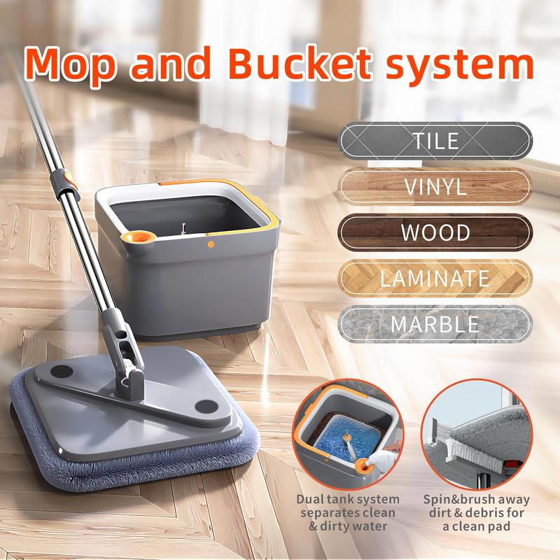 Spin Mop & Bucket Set Only Mop Pads with Self-Separating Dirty Water & Clean Water System, Self-Drying 360° Spin Square Mop Head for Hardwood Tile Marble Floors,Cleaning Mop after the party,adjustable hand tool