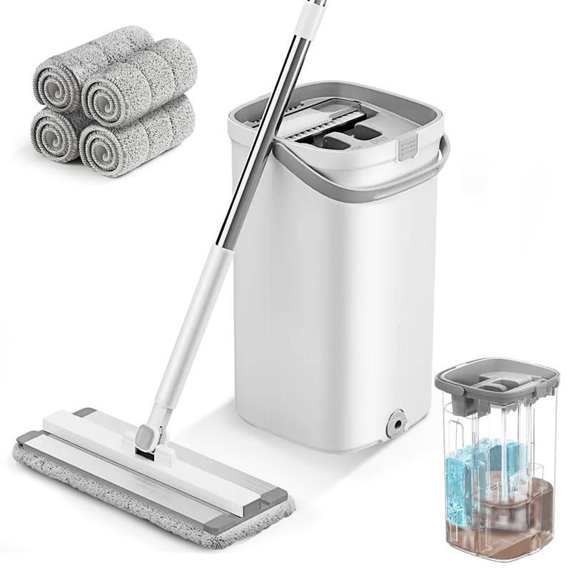 KZKR Flat Floor Mop and Bucket with Wringer Set, Sewage and Clean Water Separated Mop Bucket Set, with 4 6pcs Microfiber Pads