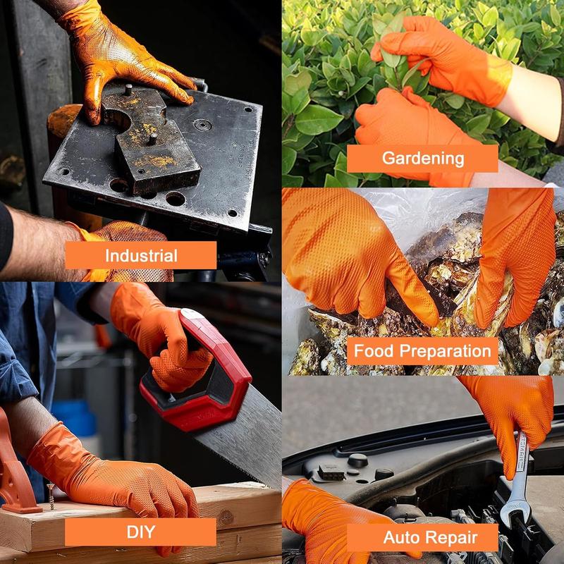 Heavy Duty Nitrile Disposable Gloves,8-mil Orange,Raised Diamond Texture Work Gloves，Industrial Work gloves Cleaning