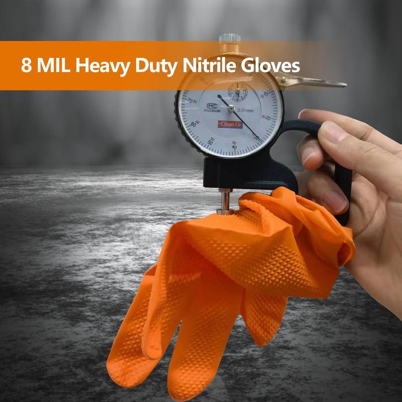 Heavy Duty Nitrile Disposable Gloves,8-mil Orange,Raised Diamond Texture Work Gloves，Industrial Work gloves Cleaning