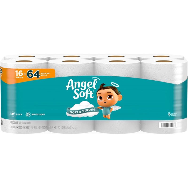 Angel Soft Toilet Paper, 16 Mega Rolls = 64 Regular Rolls, Soft and Strong Toilet Tissue Wipes angel soft toilet, best for toilet wipes, ECO Friendly