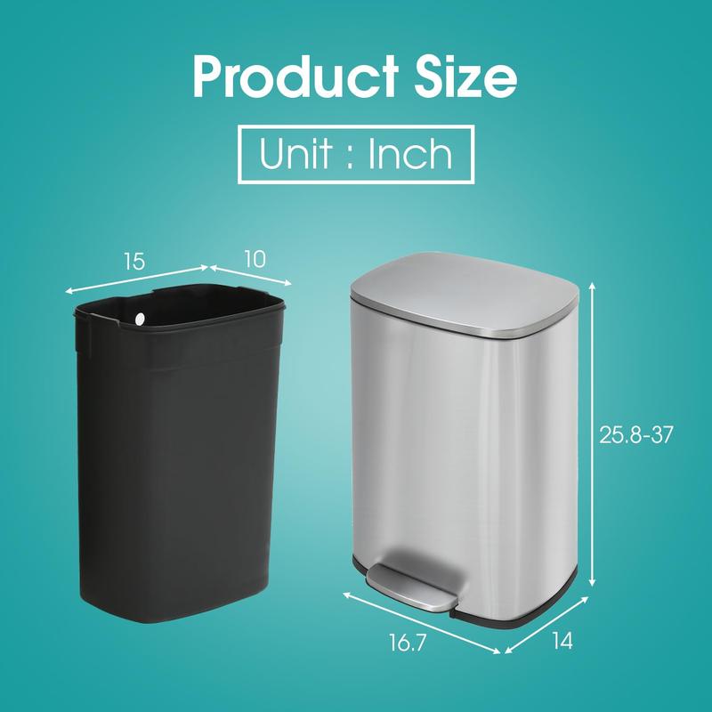 13 Gallon 50 Liter Trash Can, Fingerprint Proof Stainless Steel Kitchen Garbage Can with Removable Inner Bucket and Hinged Lids, Pedal Rubbish Bin for Home Office