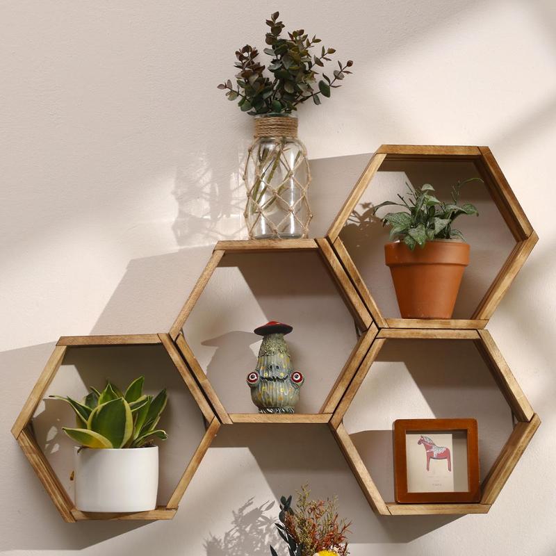 Hexagon Shaped Wooden Hanging Shelf, Room Decor Wall Mounted Floating Rack,  Wall Organizer Shelf, Wall Decor for Home Living Room Bedroom