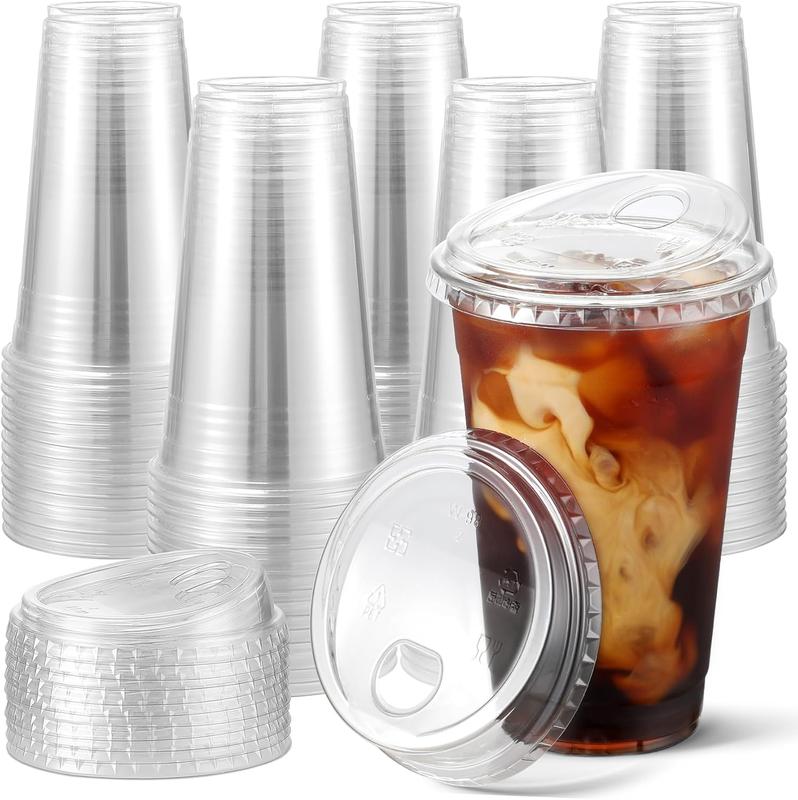 100 Sets Crystal Clear Plastic Cups With Strawless Sip-Lids, BPA Free Disposable Plastic Cups with Lids, To Go Cups for Iced Coffee, Smoothies, Party Drinks, Bubble Tea, Cold Beverage